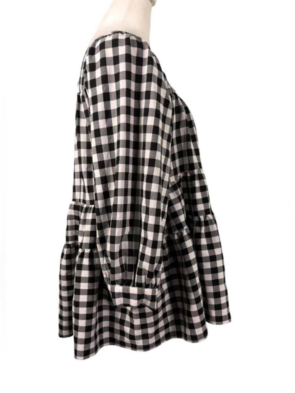 Entro Black White Gingham Tiered Babydoll Tunic Blouse Medium - Picture 5 of 10